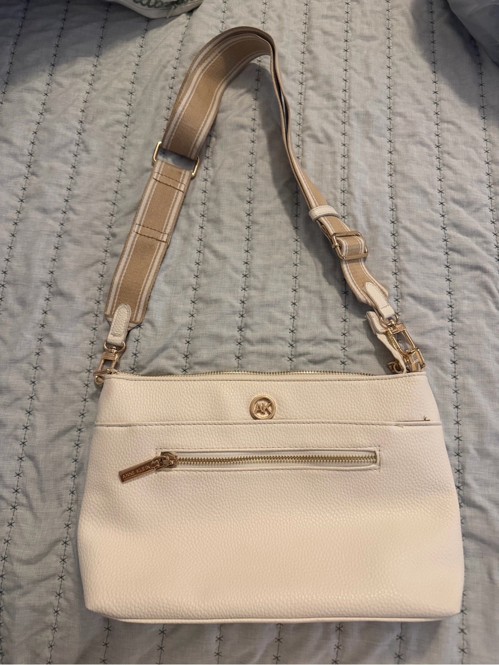 Anne Klein Cream Pebbled Leather Crossbody Bag with Adjustable Strap